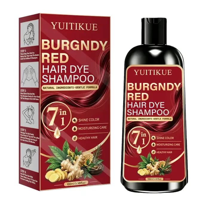 Shampoo colorant capillaire rouge bordeaux 7 en 1 YUITIKUE, formule naturelle douce, brillance, hydr