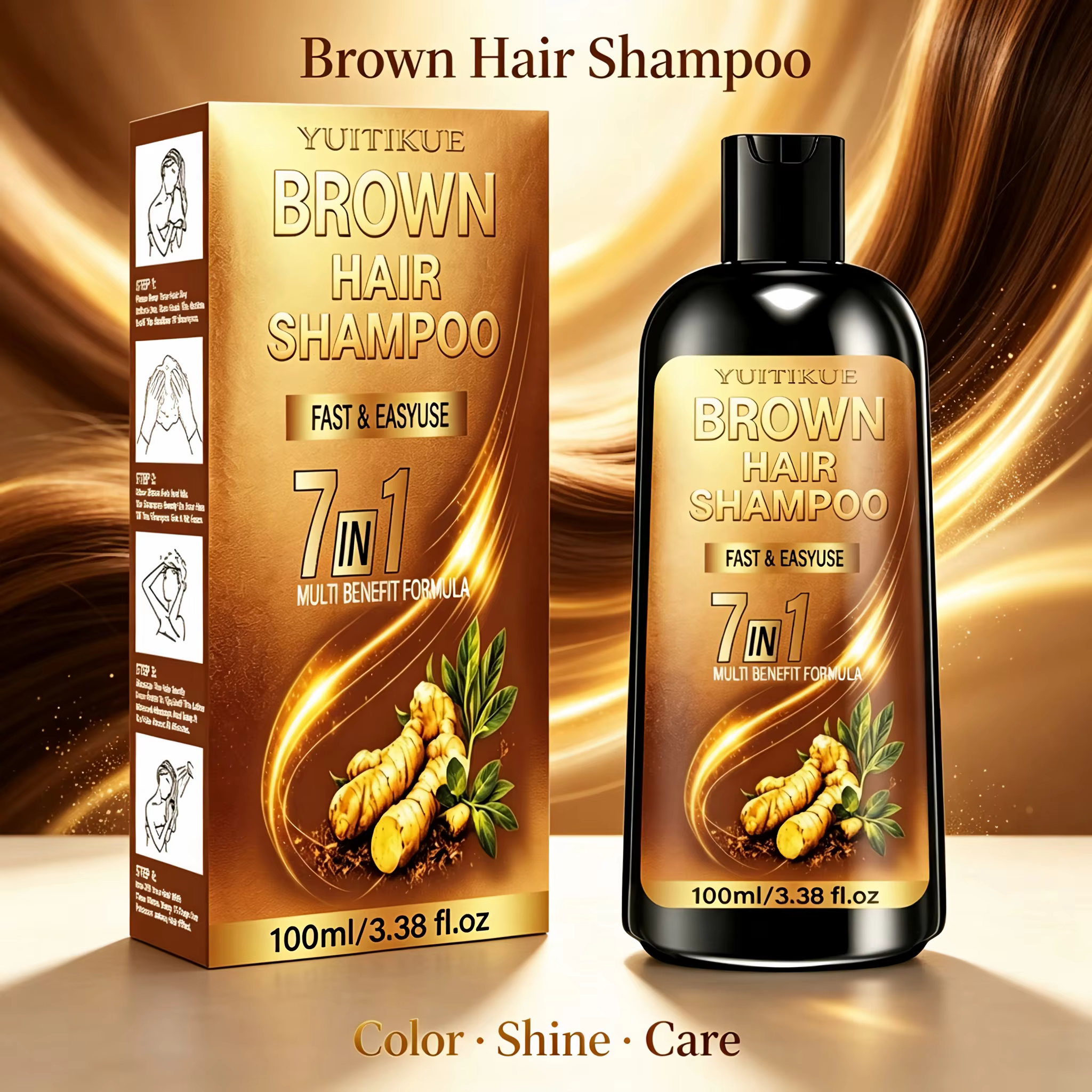 Shampoing Colorant 7 en 1 pour Cheveux Bruns, à Base de Gingembre et d'Herbes, Nourrissant pour le Cuir Chevelu, Colorant Capillaire Semi-Permanent Doux, Shampoing Colorant DIY pour Usage Domestique