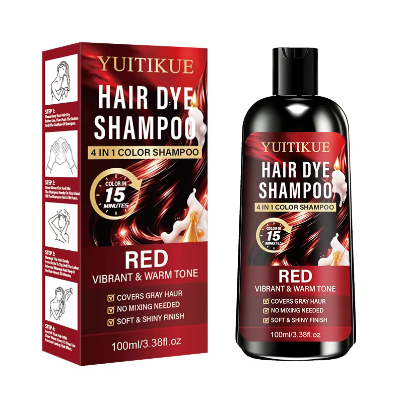 YUITIKUE Shampooing colorant rouge 4-en-1, couleur de cheveux chaude longue durée, shampooing colorant rapide pour couvrir les cheveux gris et blancs