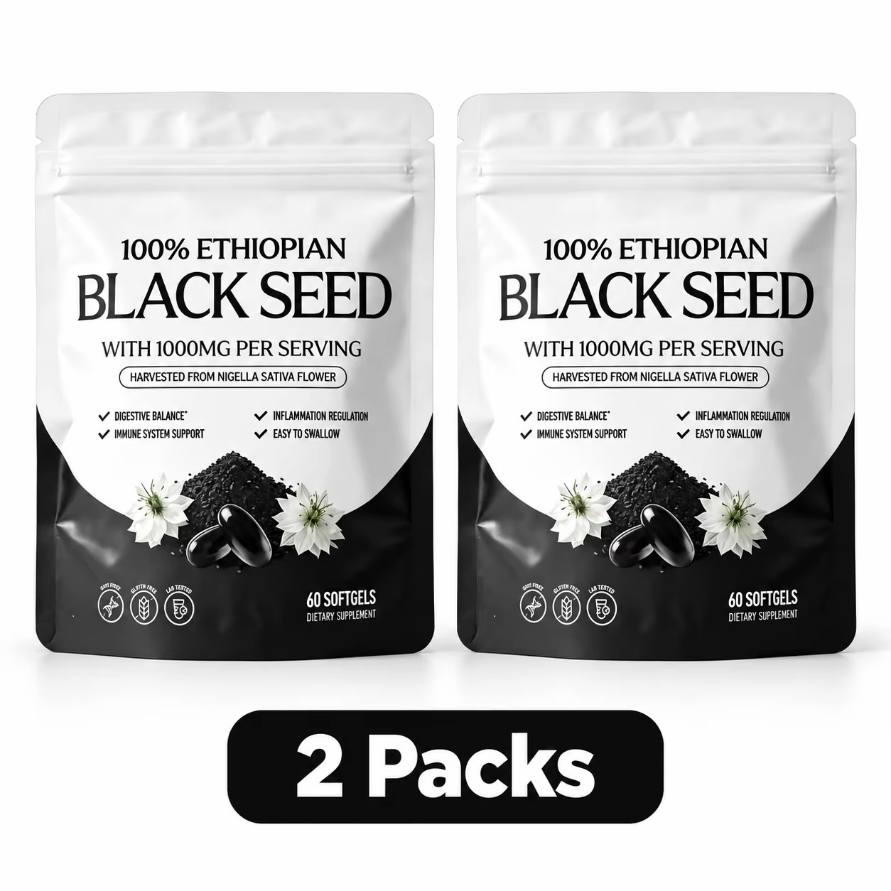 Gélules de graines noires éthiopiennes 1000mg - Complément d'huile de graines de Nigella Sativa de qualité supérieure - Formule de soutien digestif et immunitaire -